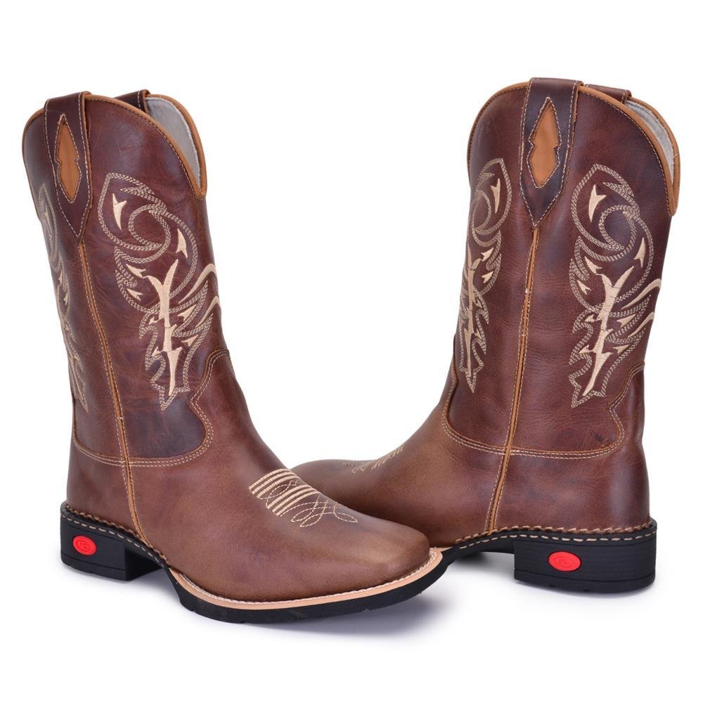 Bota Texana Masculina Couro Country Bordada Bico Quadrado Marrom 3