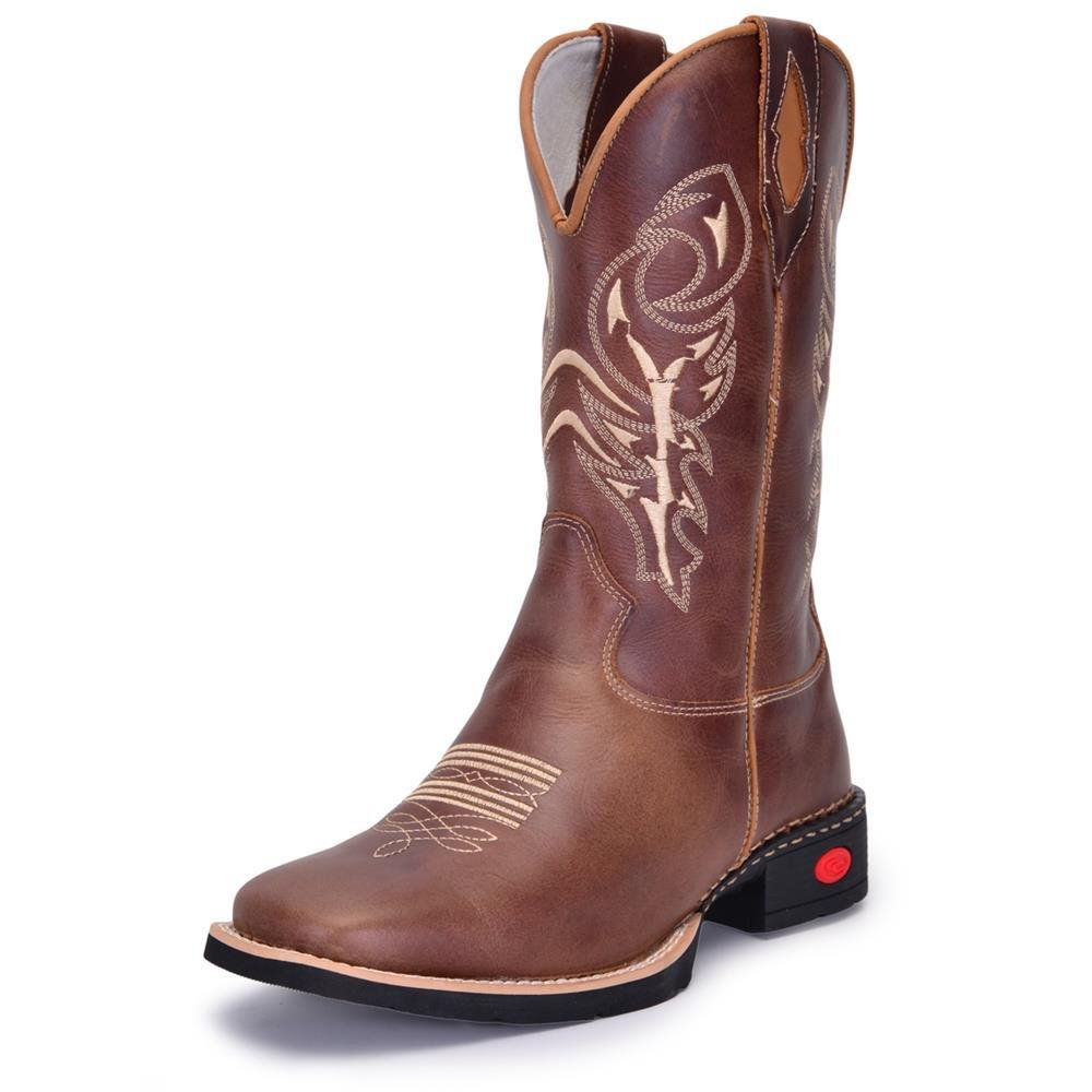 Bota Texana Masculina Couro Country Bordada Bico Quadrado Marrom 4