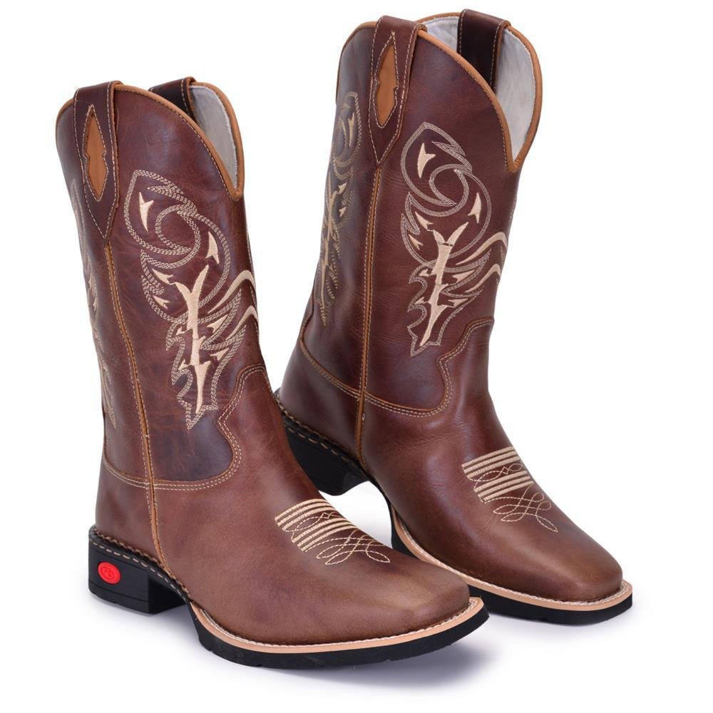 Bota Texana Masculina Couro Country Bordada Bico Quadrado Marrom 5