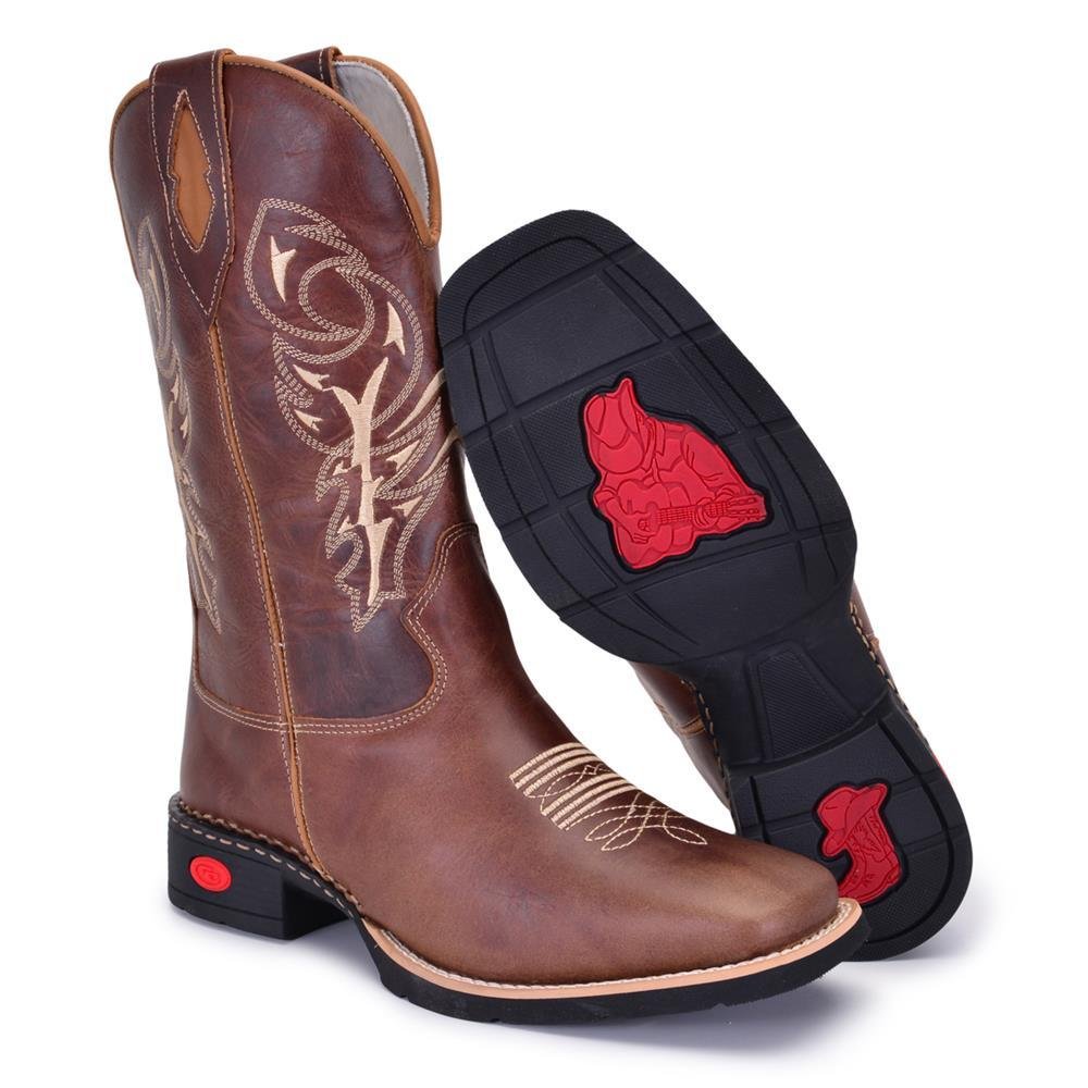 Bota Texana Masculina Couro Country Bordada Bico Quadrado Marrom 7