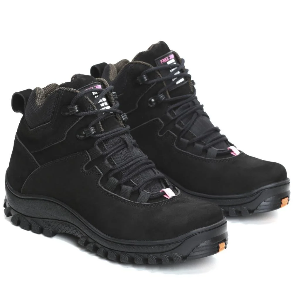 Bota Adventure Couro Feminina Resistente Cadarço Cano Médio Preto 2