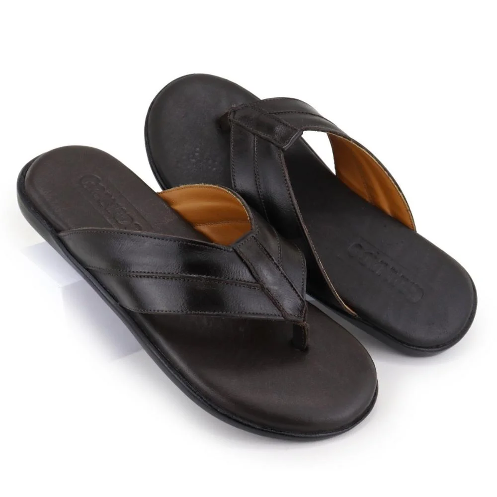 Chinelo Masculino Couro de Dedo Forro Confortável Slides Marrom 4