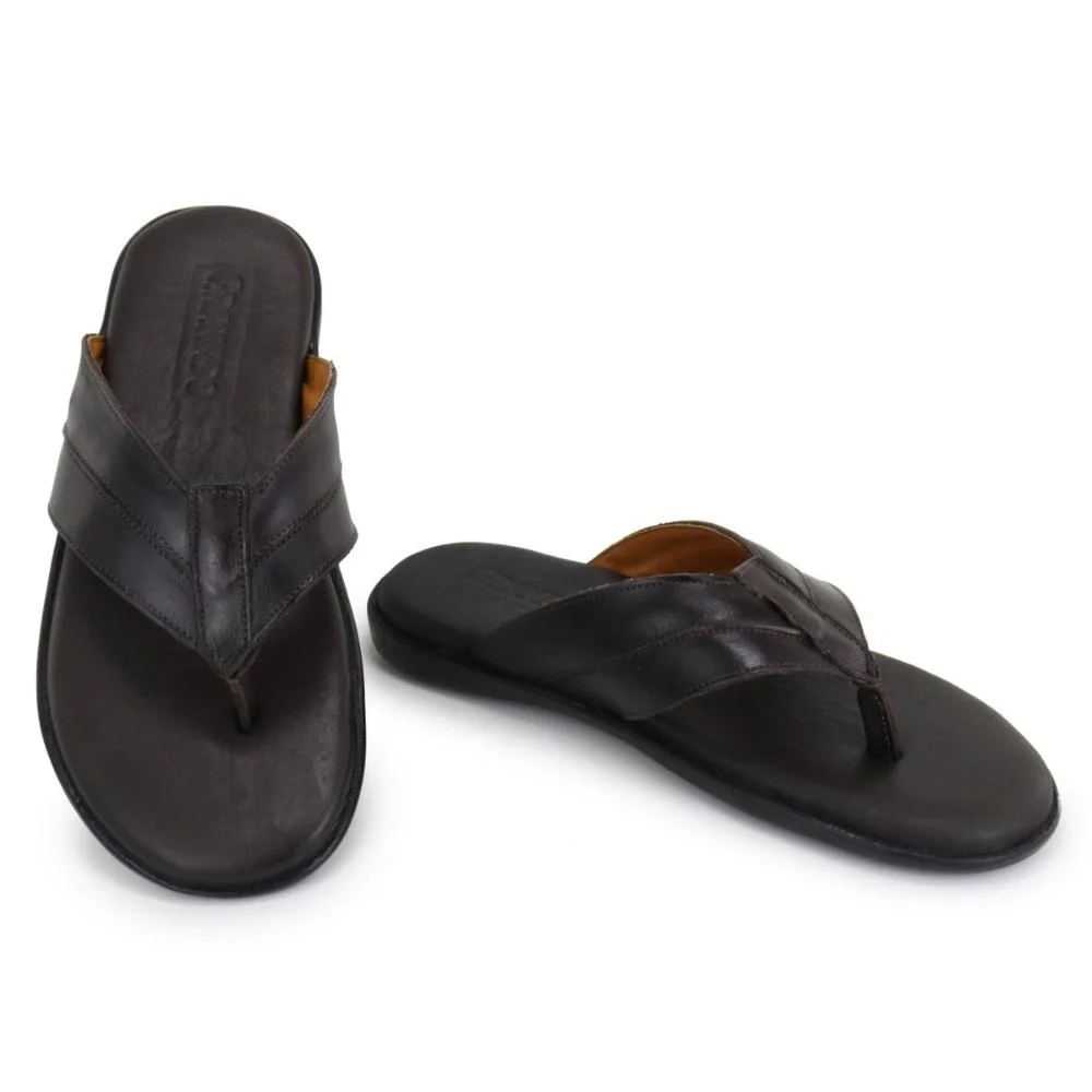 Chinelo Masculino Couro de Dedo Forro Confortável Slides Marrom 5
