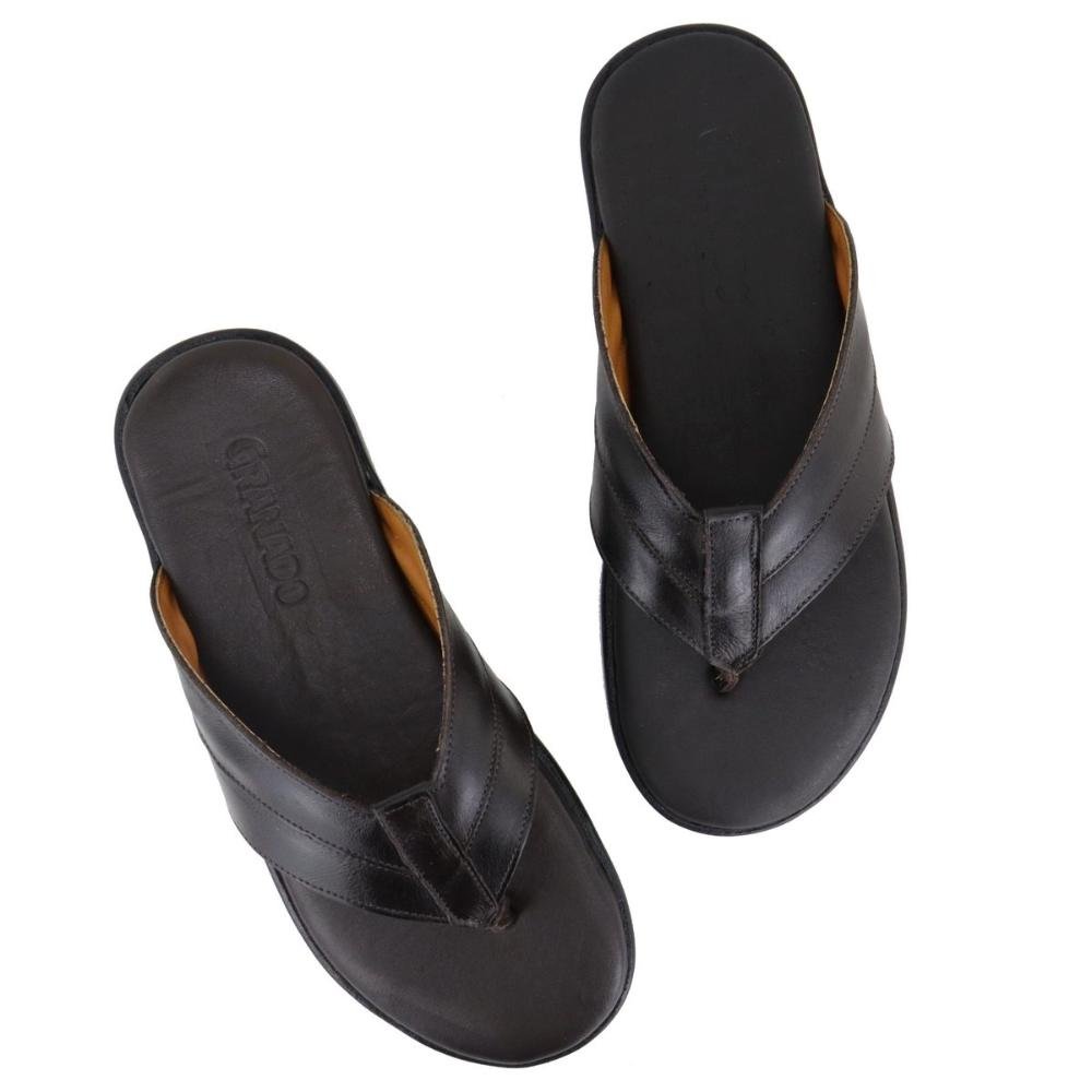 Chinelo Masculino Couro de Dedo Forro Confortável Slides Marrom 9