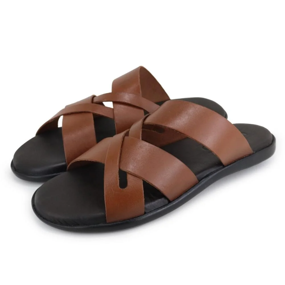 Chinelo Masculino Couro Forro Confortável Slides Marrom 2