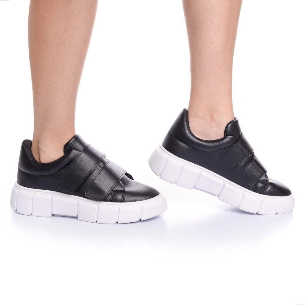 Tênis Feminino Clássico Casual Com Duas Fitas Autocolante Preto 3