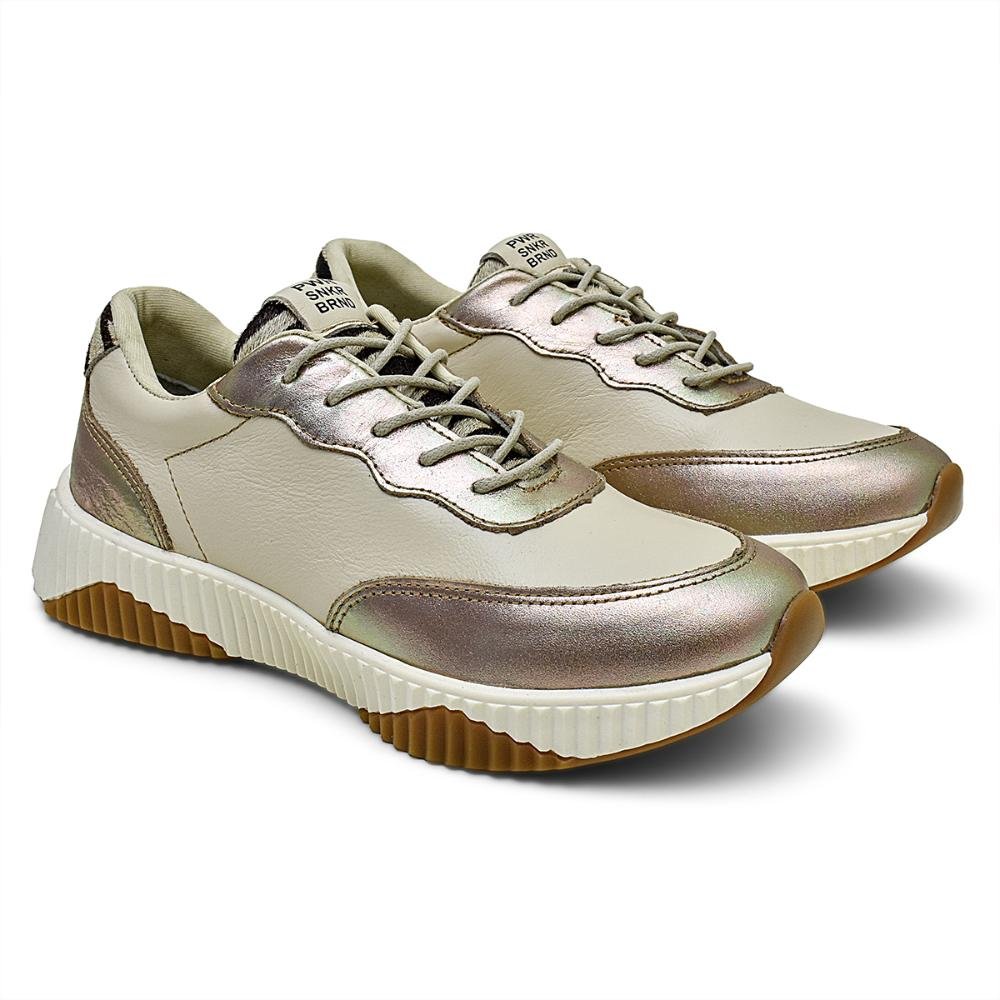 Tênis Couro Feminino Casual Confortável Versátil Bege 2