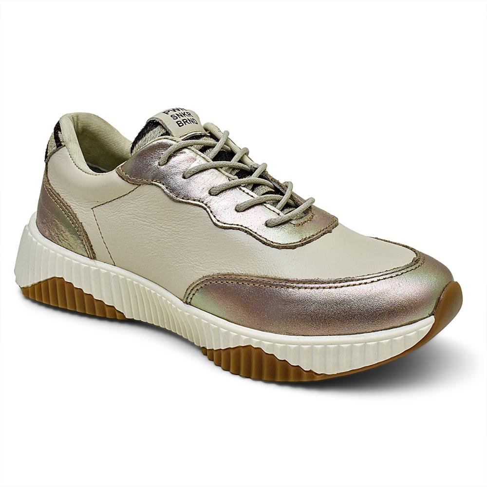 Tênis Couro Feminino Casual Confortável Versátil Bege 3