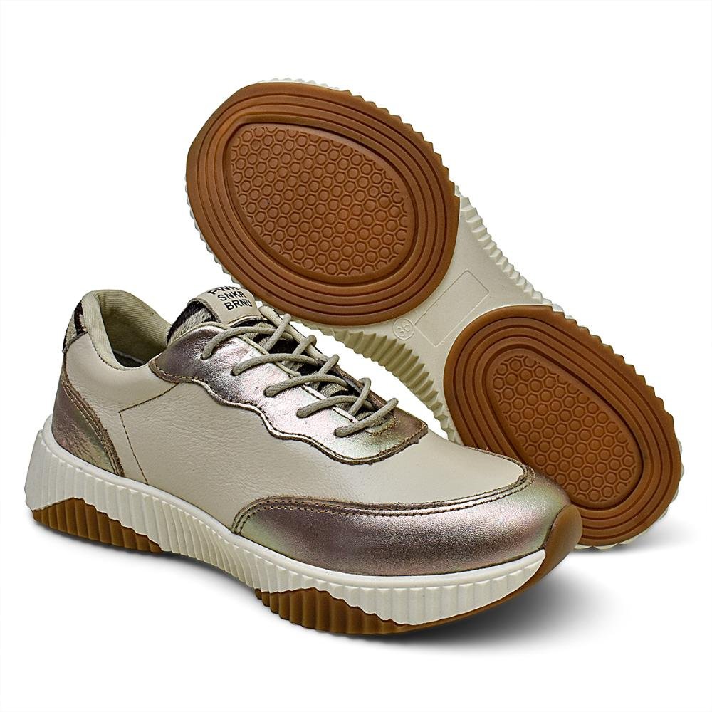 Tênis Couro Feminino Casual Confortável Versátil Bege 4