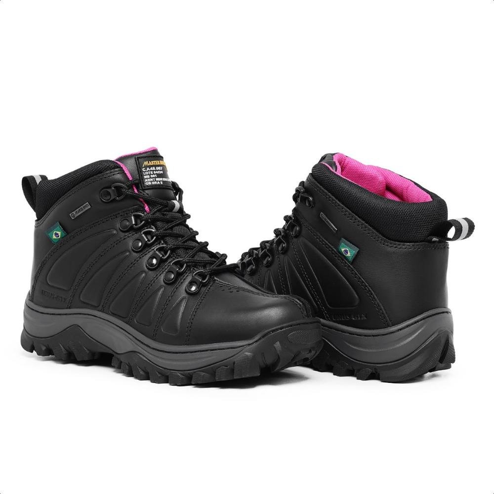 Bota Coturno Feminina Couro Trilha Confortável Preto/Rosa 2