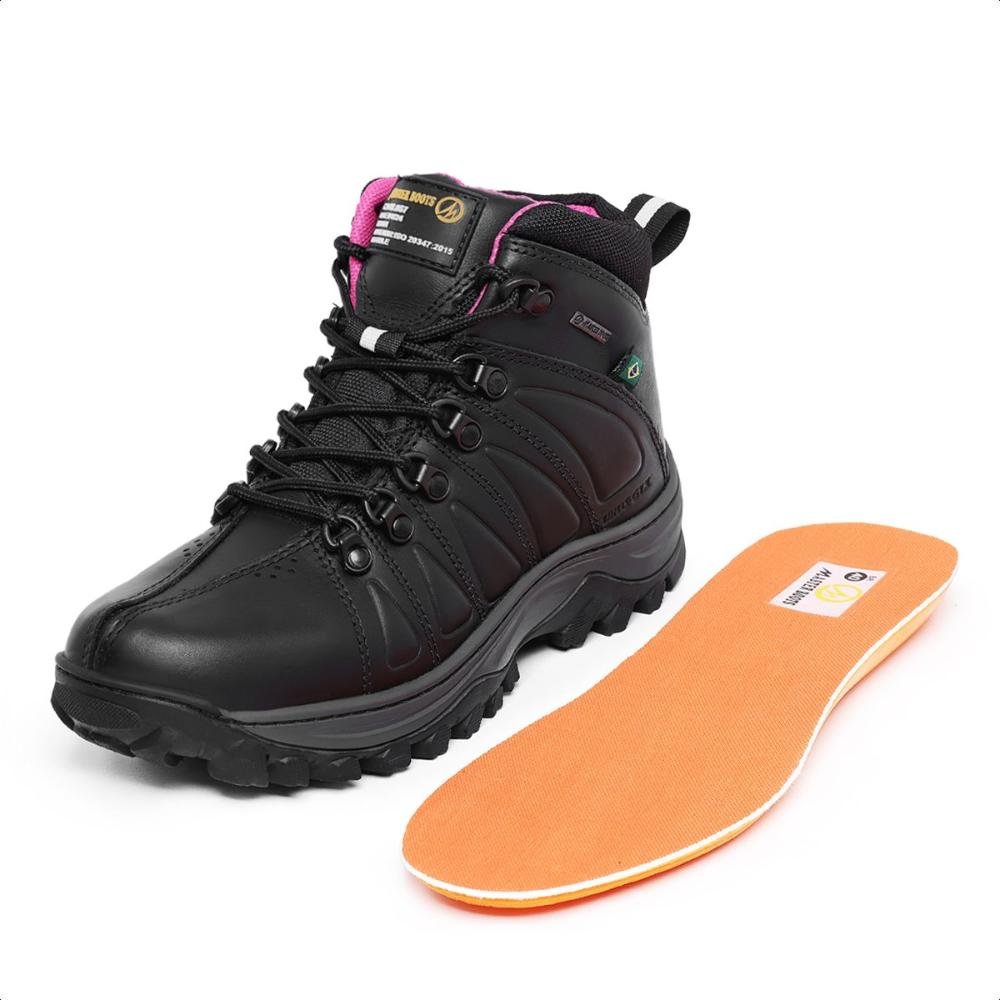 Bota Coturno Feminina Couro Trilha Confortável Preto/Rosa 3