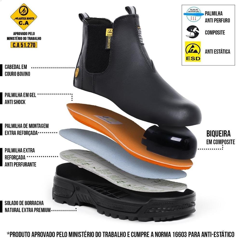 Bota Masculina em Couro Trabalho Confortável Versátil Preto 4