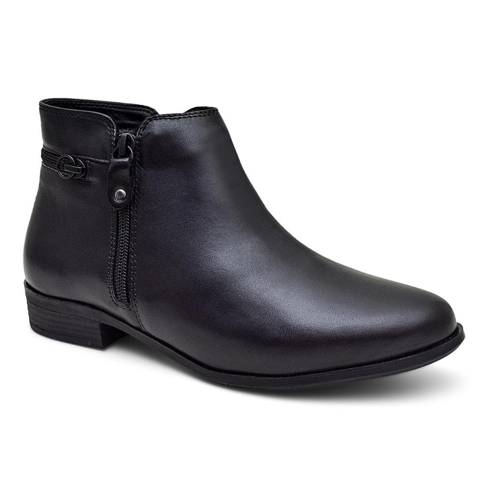 Bota Casual Feminina Couro Com Zíper Cano Baixo Confortável Preto 2