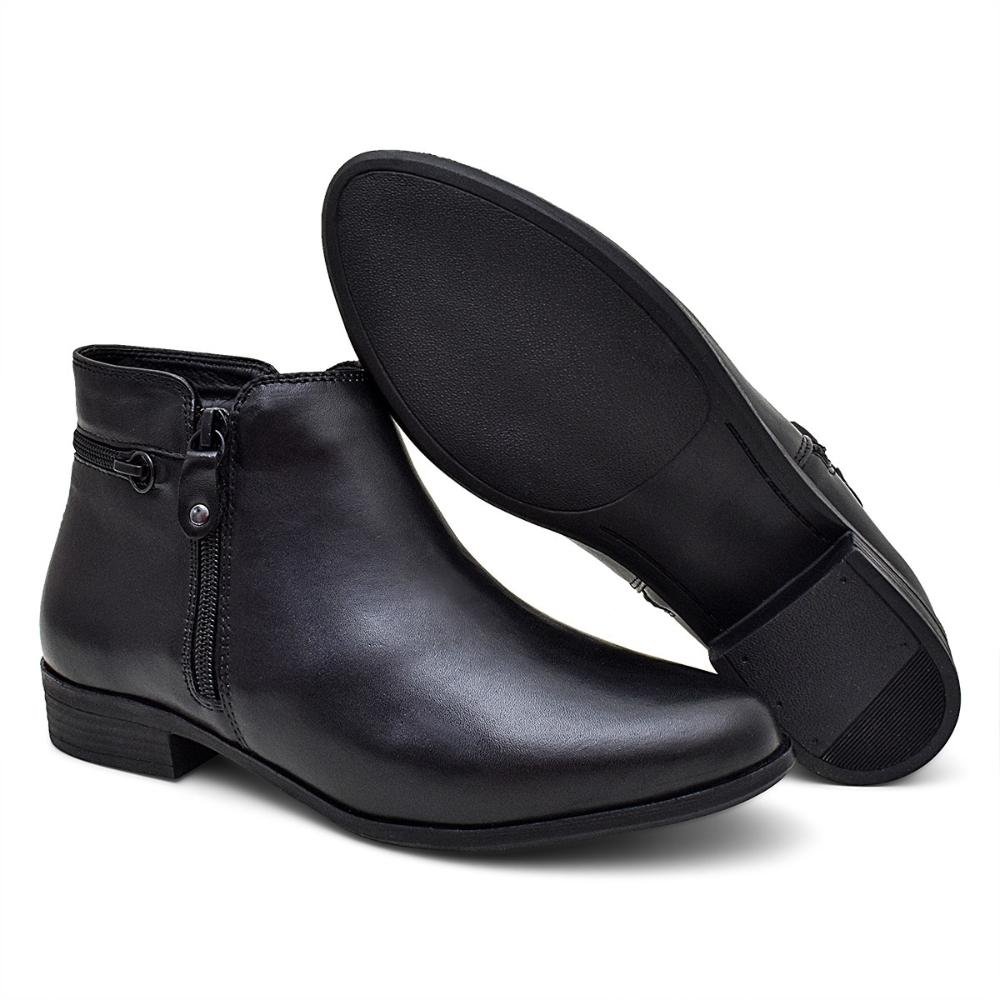 Bota Casual Feminina Couro Com Zíper Cano Baixo Confortável Preto 4