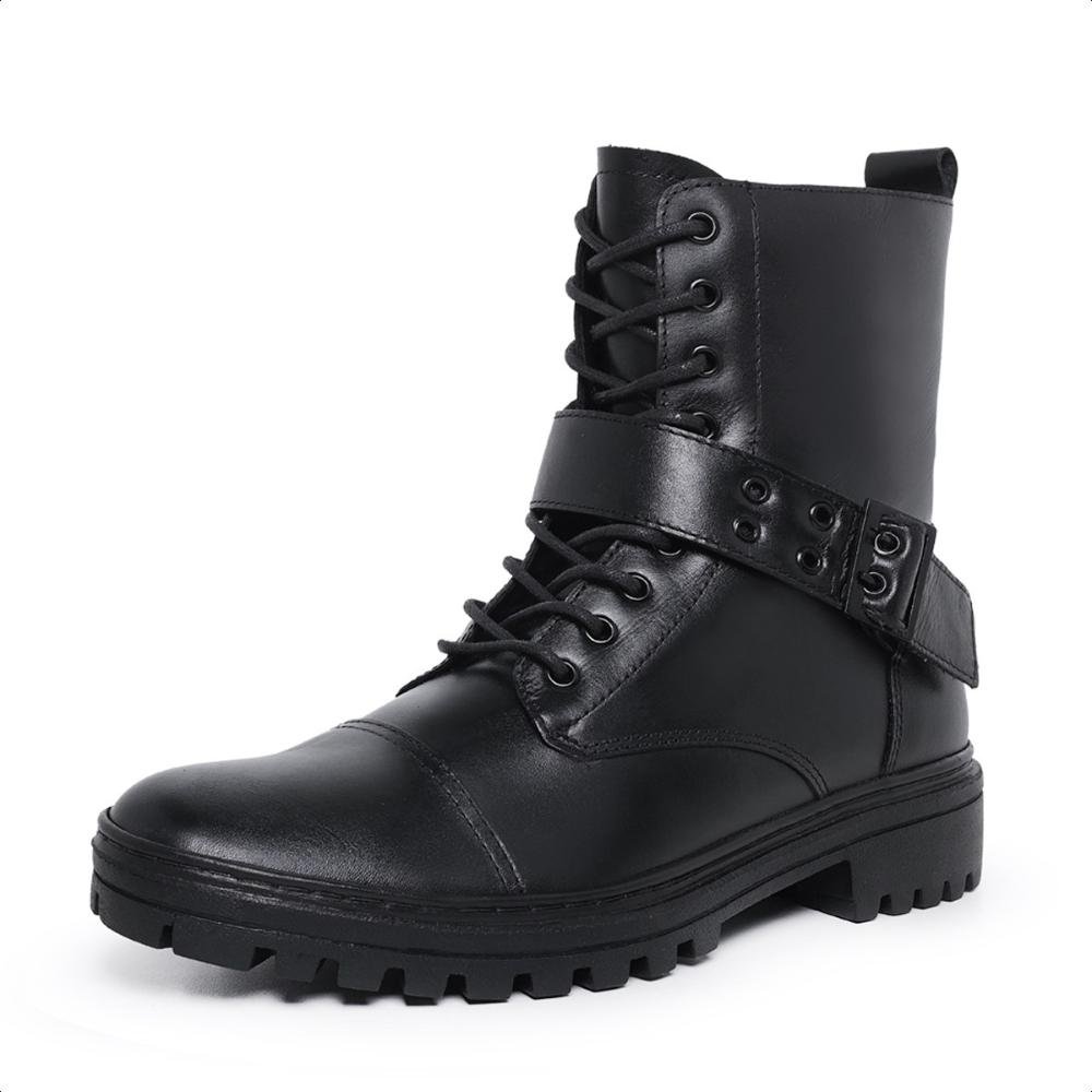Bota Coturno Masculina Couro Cano Médio Com Fivela Preto 4