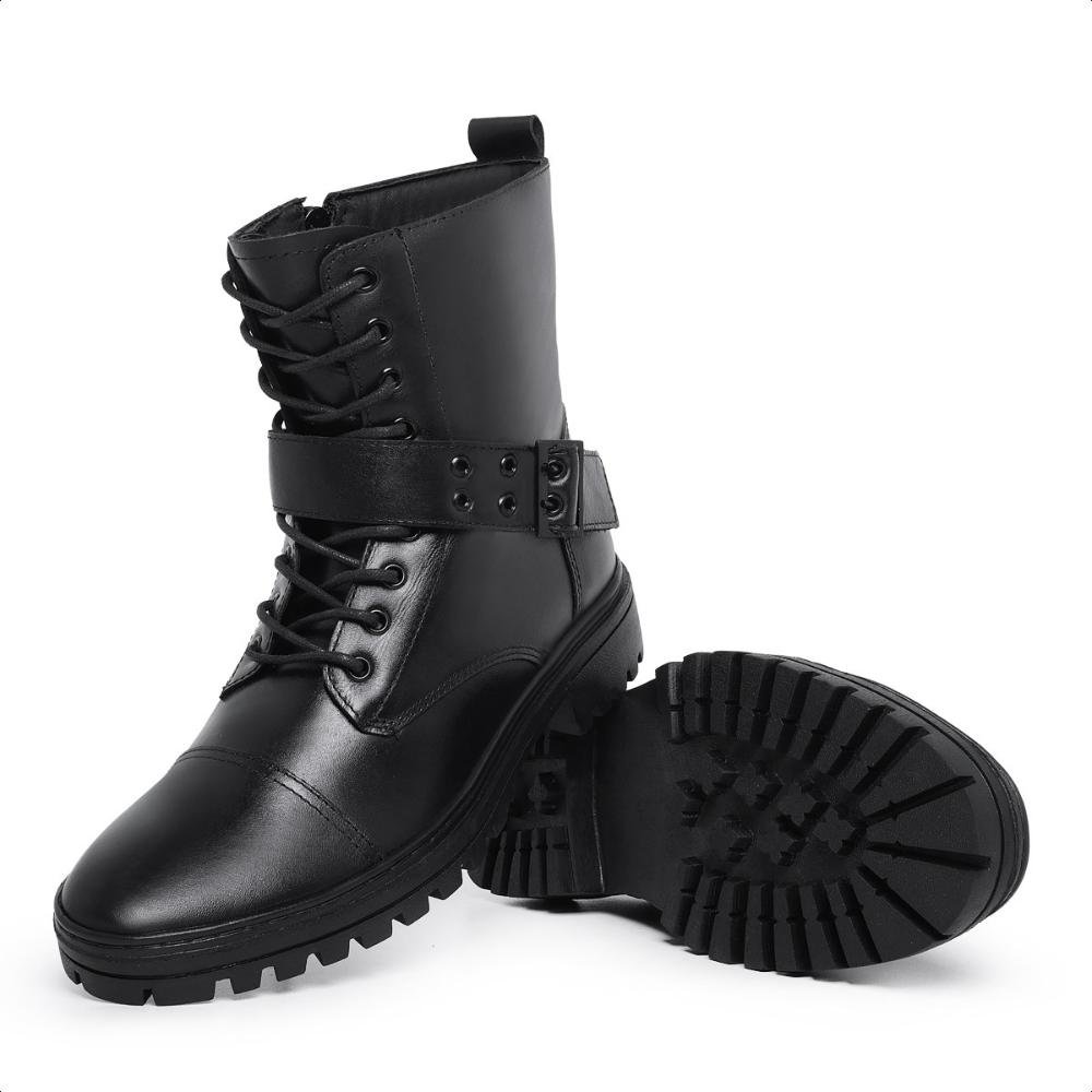 Bota Coturno Masculina Couro Cano Médio Com Fivela Preto 6