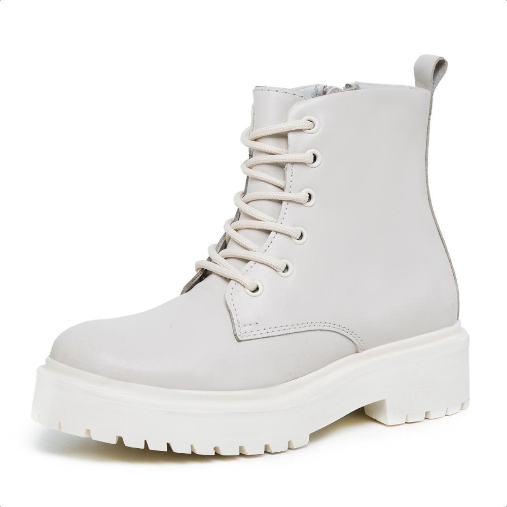 Bota Coturno Feminina Tratorada Com Cadarço Couro Off White 5