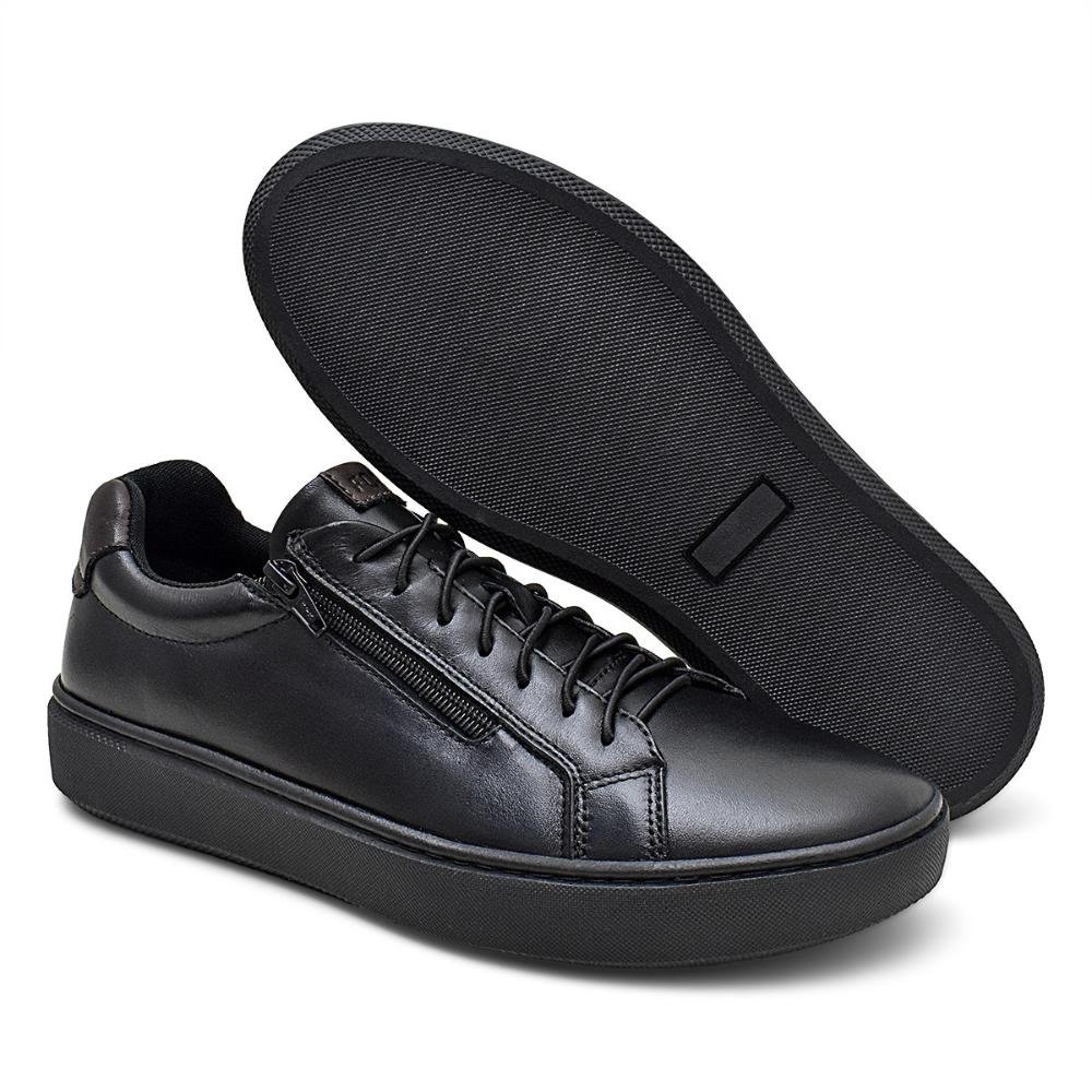 Tênis New Black Masculino Couro Conforto Zíper Lateral Preto