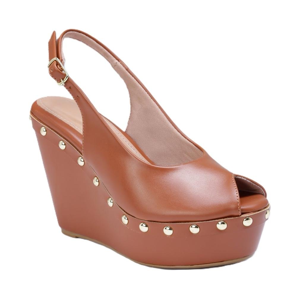 Sandália Anabela Feminina Salto Alto Studs Marrom 3