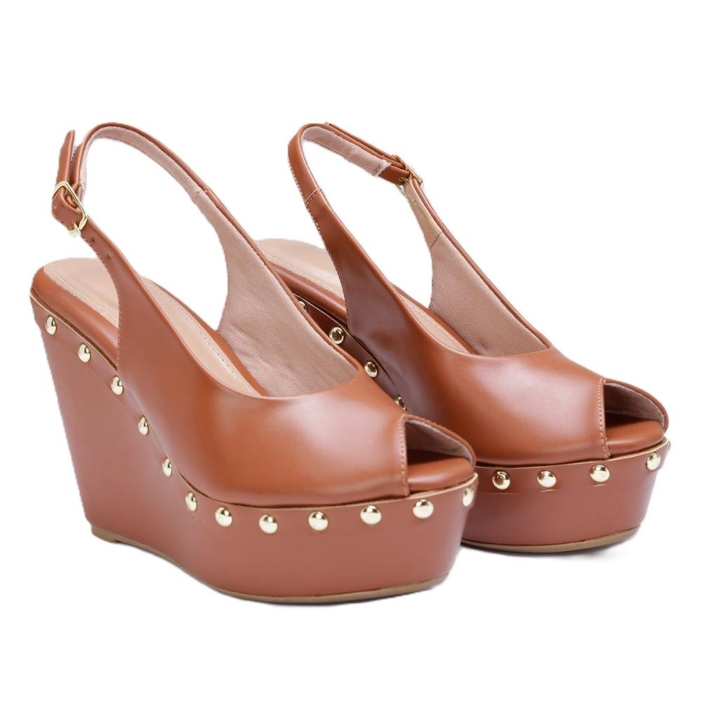 Sandália Anabela Feminina Salto Alto Studs Marrom 4