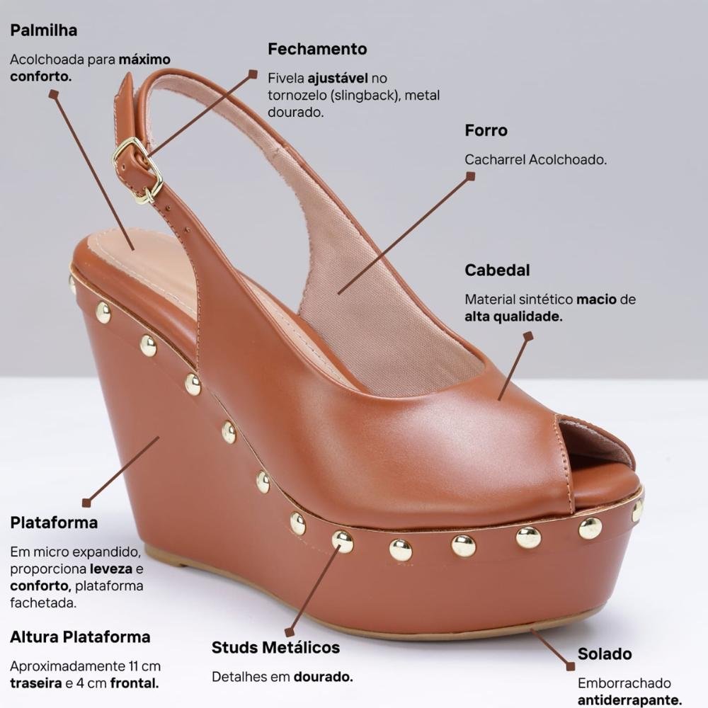 Sandália Anabela Feminina Salto Alto Studs Marrom 7