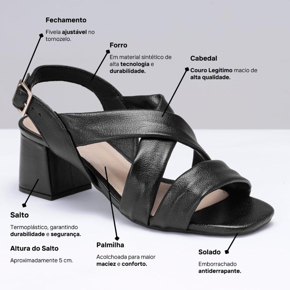 Sandália Salto Bloco Tiras Couro Feminino Preto 7