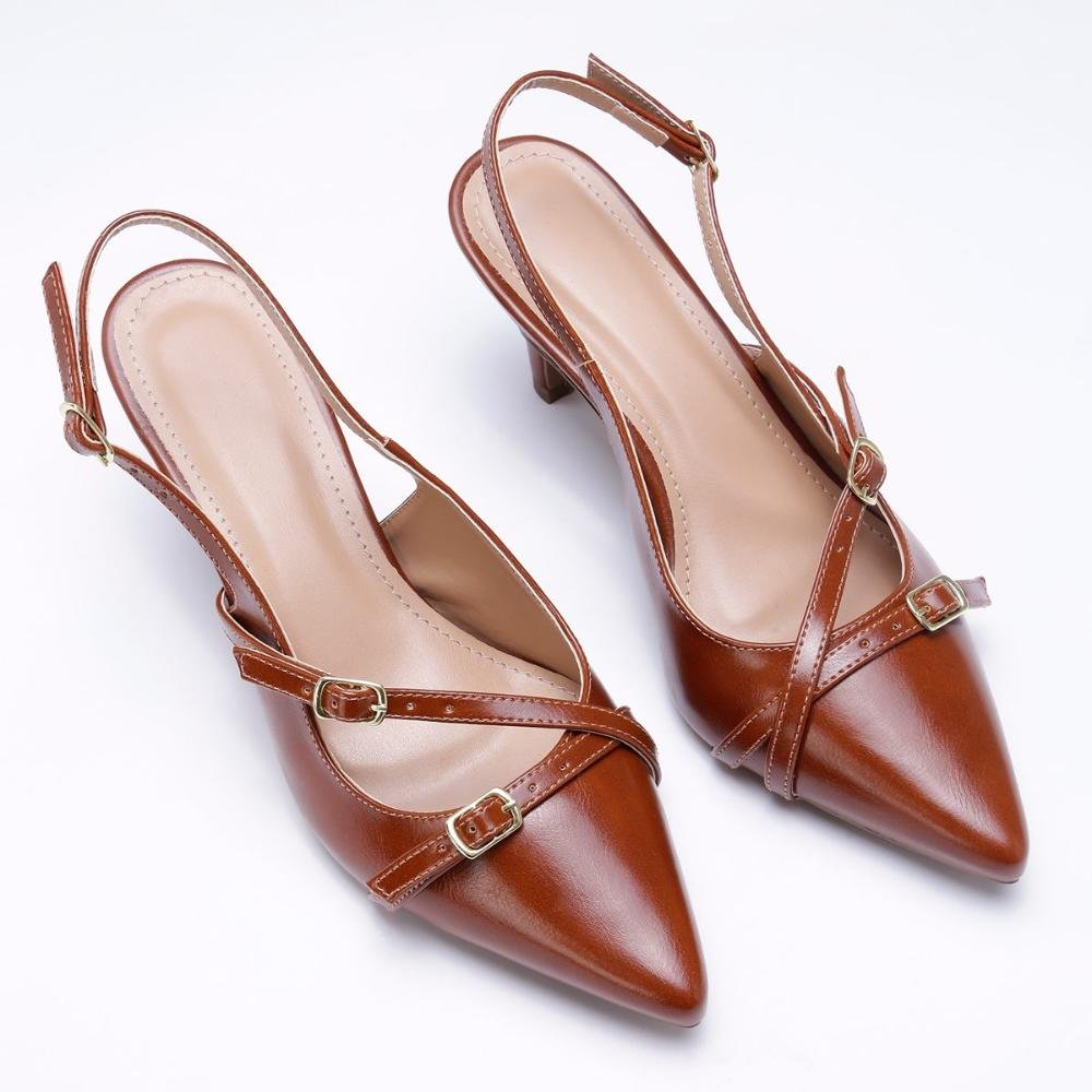 Scarpin Slingback Feminino Bico Salto Fino Marrom 5