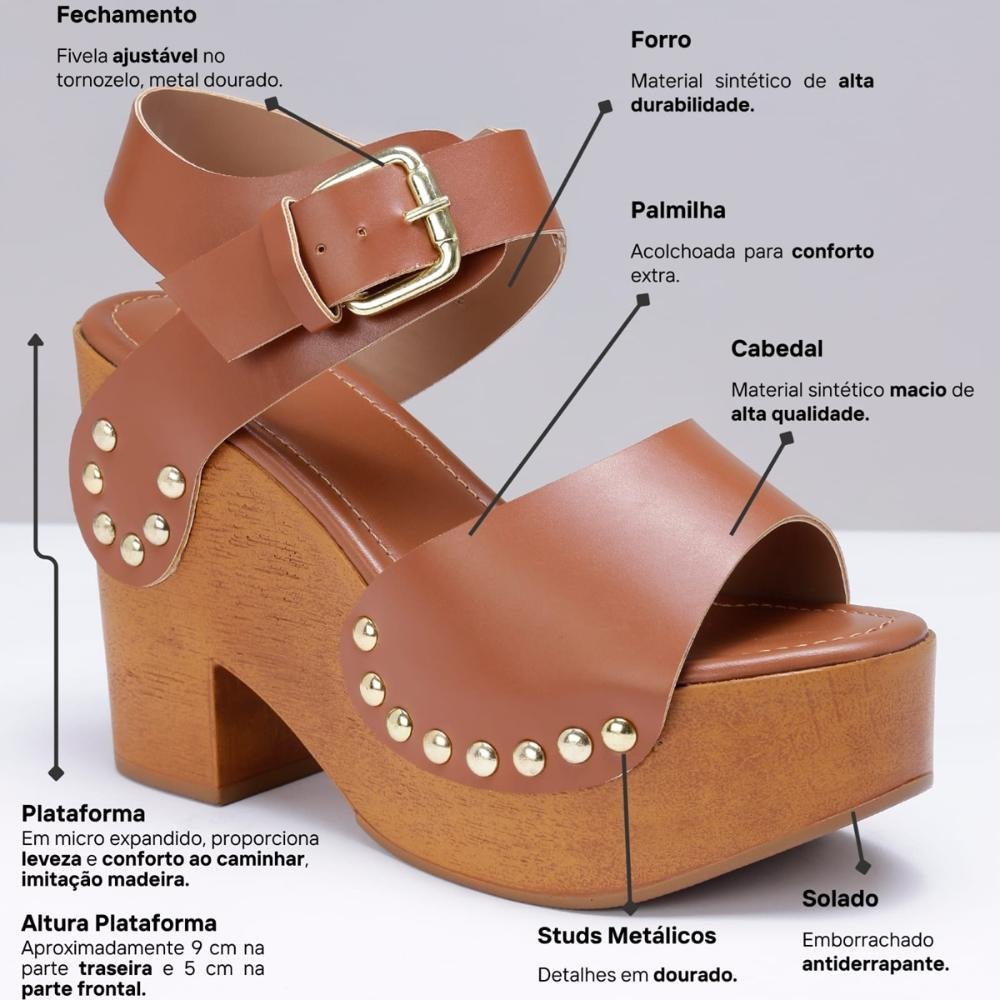 Sandália Plataforma Feminina Tratorada Studs Marrom 7