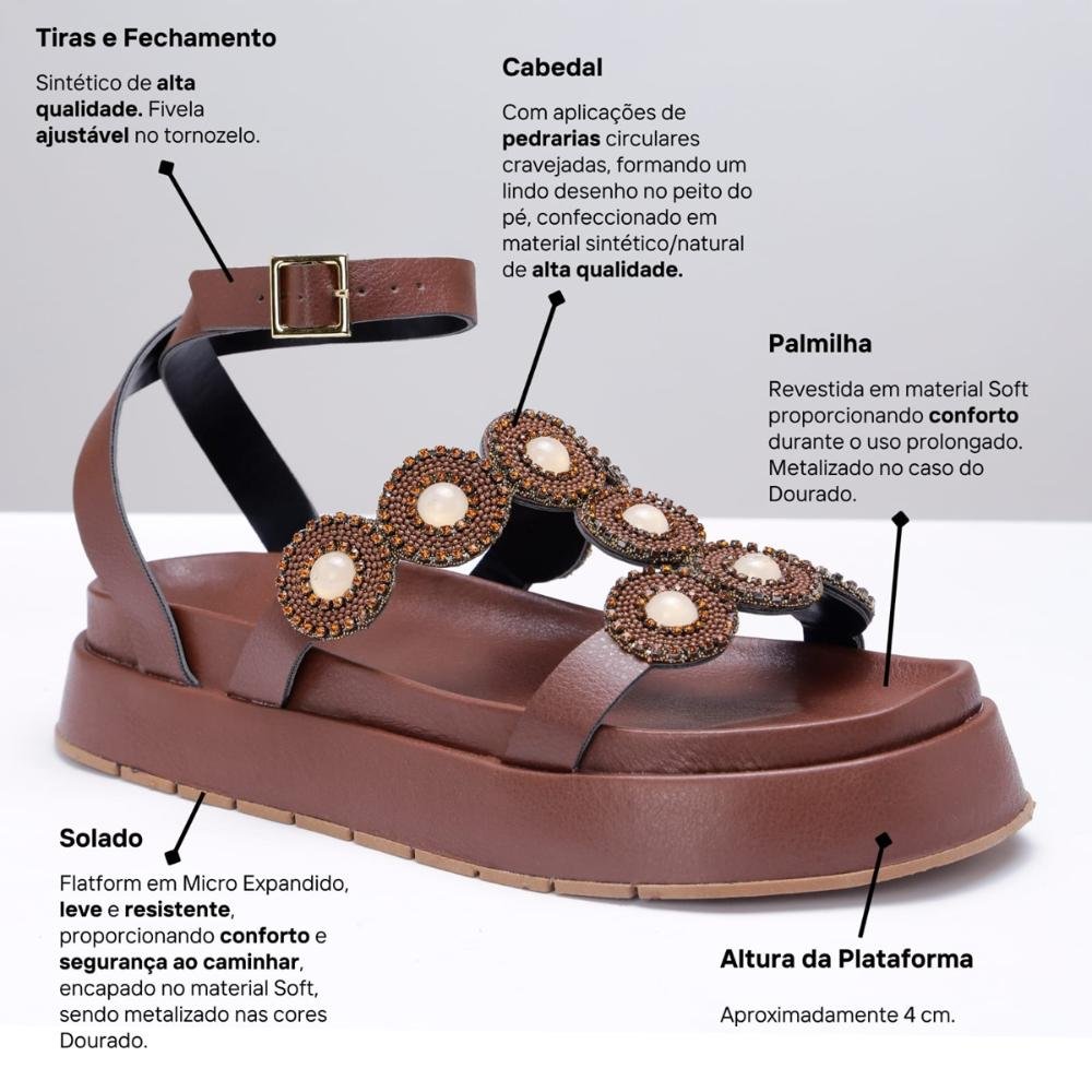 Sandália Flatform Pedraria Feminina Strass Marrom 6