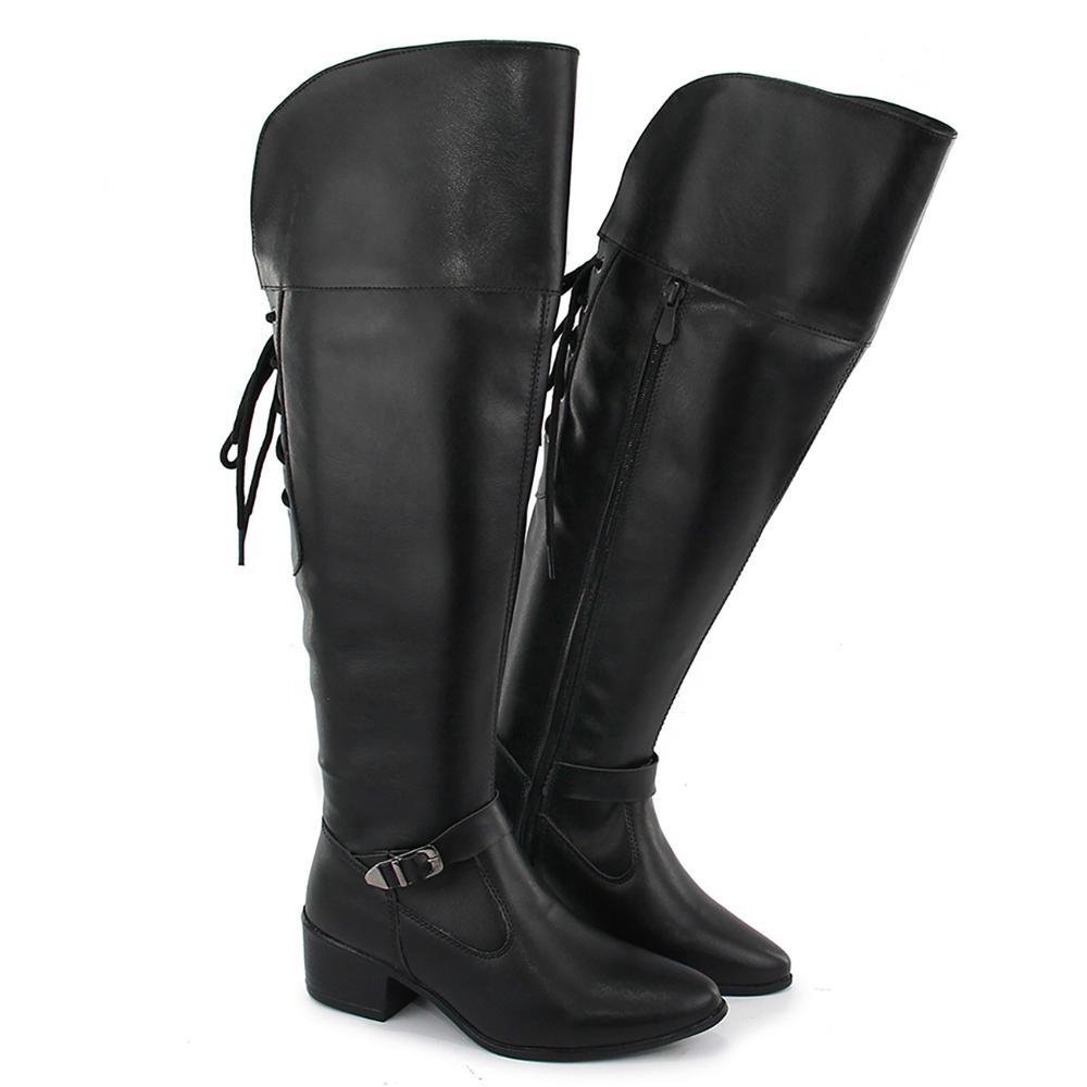 Bota Feminina Over The Knee Lady Ajustável Salto Baixo Cinza/Preto 2