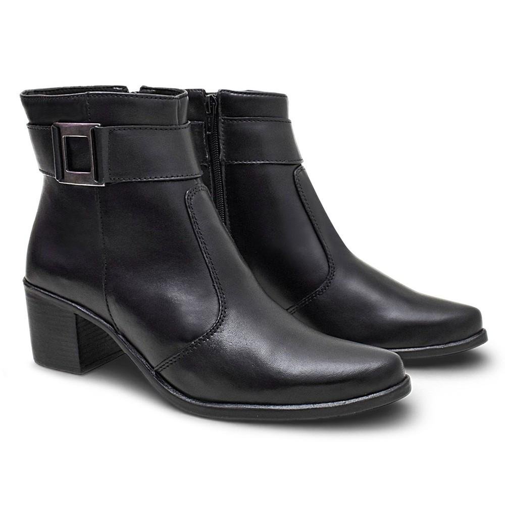 Bota Feminina Couro Fivela Salto Médio Casual Conforto Preto 3