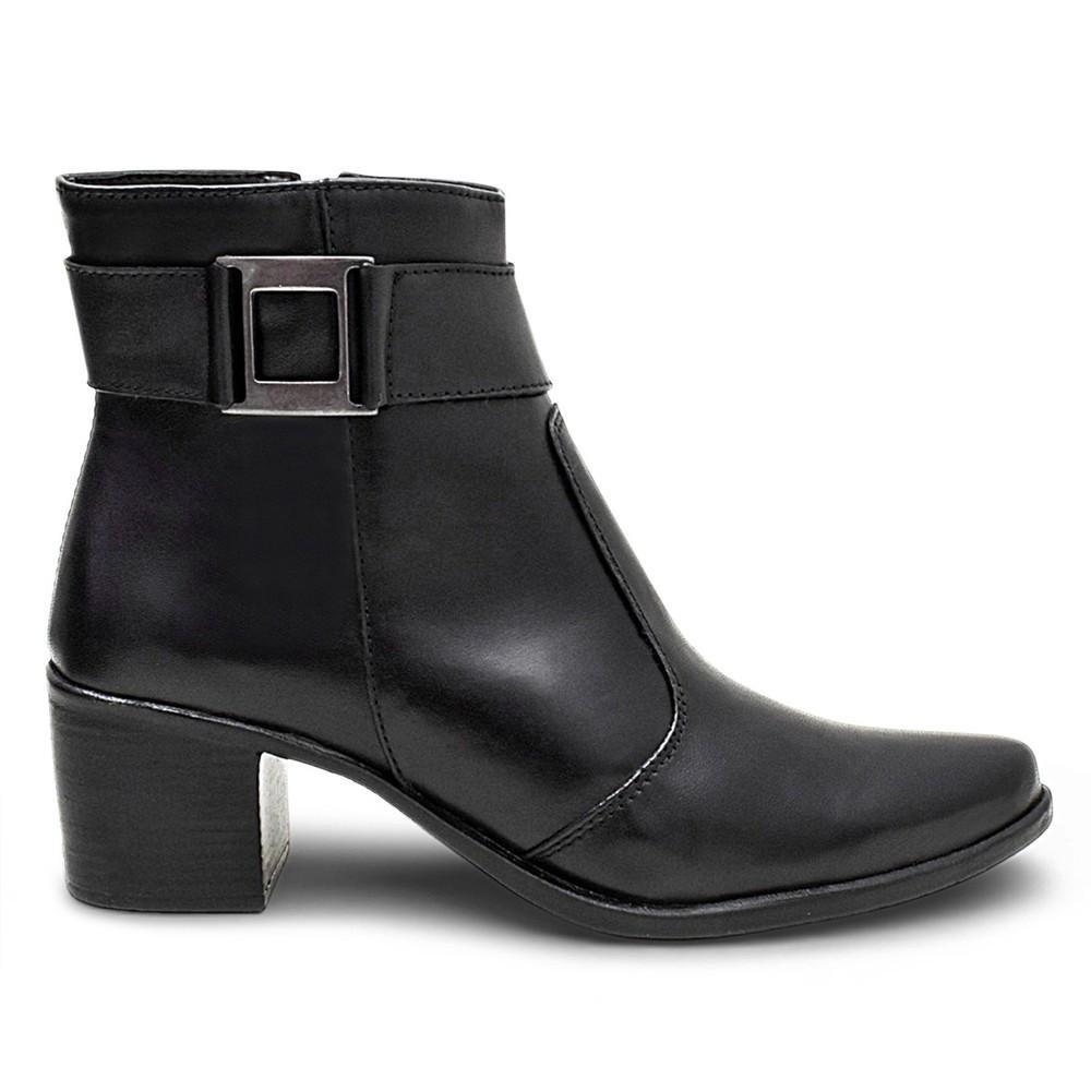Bota Feminina Couro Fivela Salto Médio Casual Conforto Preto 2
