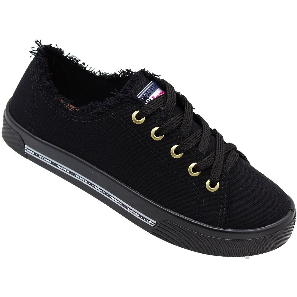 Tênis Casual Moleca Lona Sider Cano Baixo Desfiado Solado Macio Feminino Preto 1