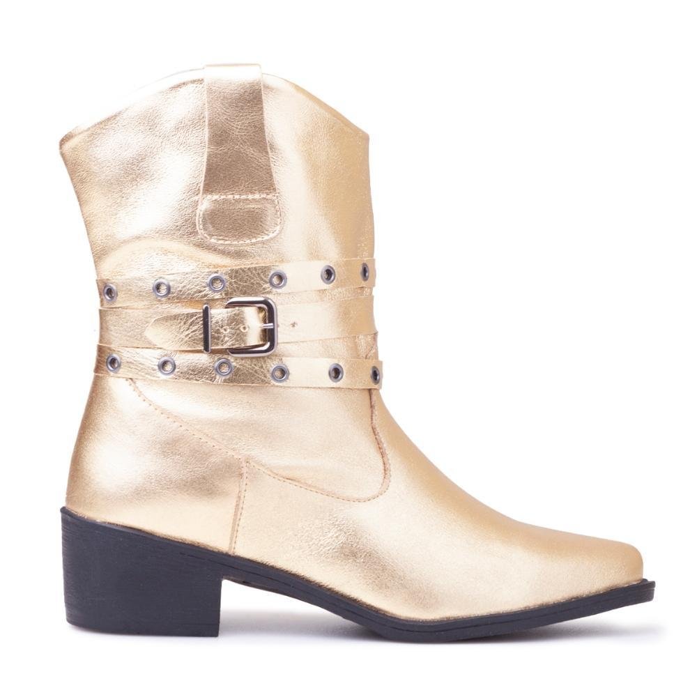 Bota Feminina Couro Country Salto Bloco Metalizada Fivela Dourado 3