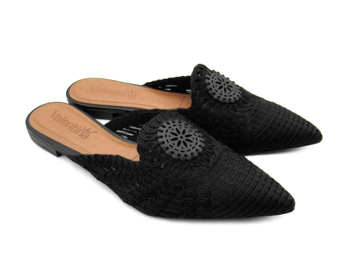 Mule Feminina Rasteira Valentina 373265 Crochê Preto 2