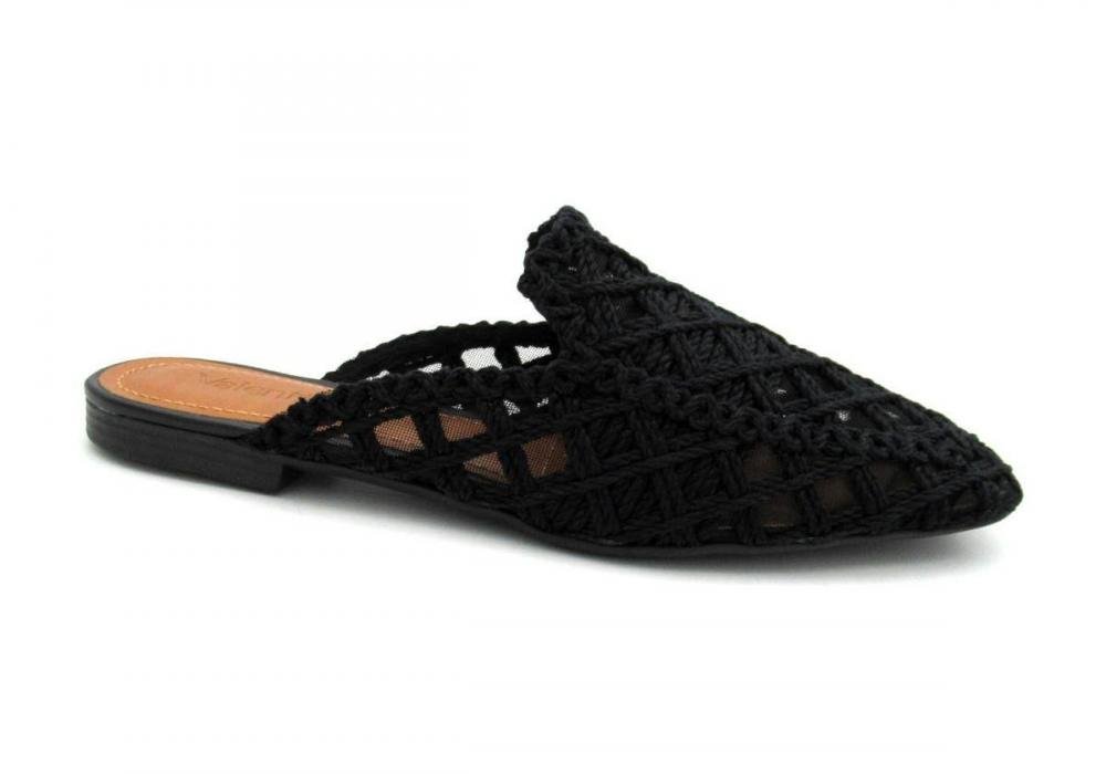 Mule Feminina Rasteira Valentina 360119 Crochê Preta Preto 1