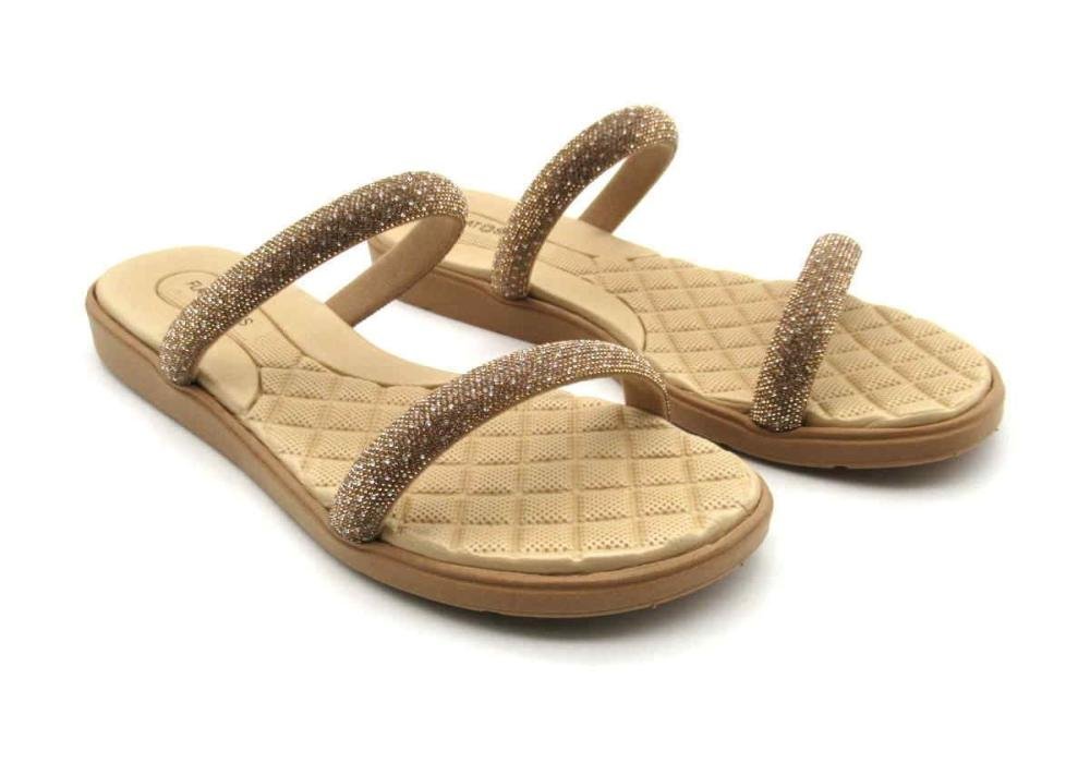 Tamanco Papete Flat Shoes 26007 Strass Brilho Bege 2