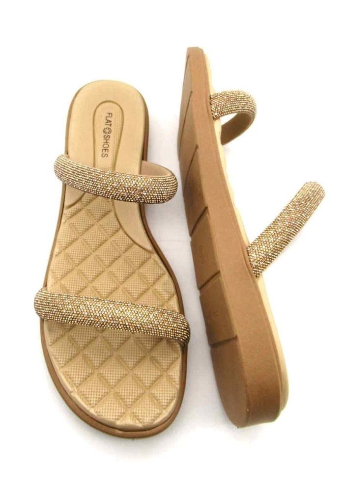 Tamanco Papete Flat Shoes 26007 Strass Brilho Bege 4