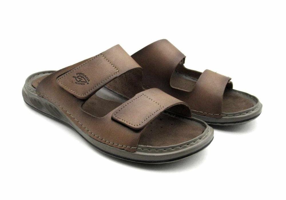Chinelo Masculino Pegada Ajustável de Couro 134101 Velcros Marrom 2