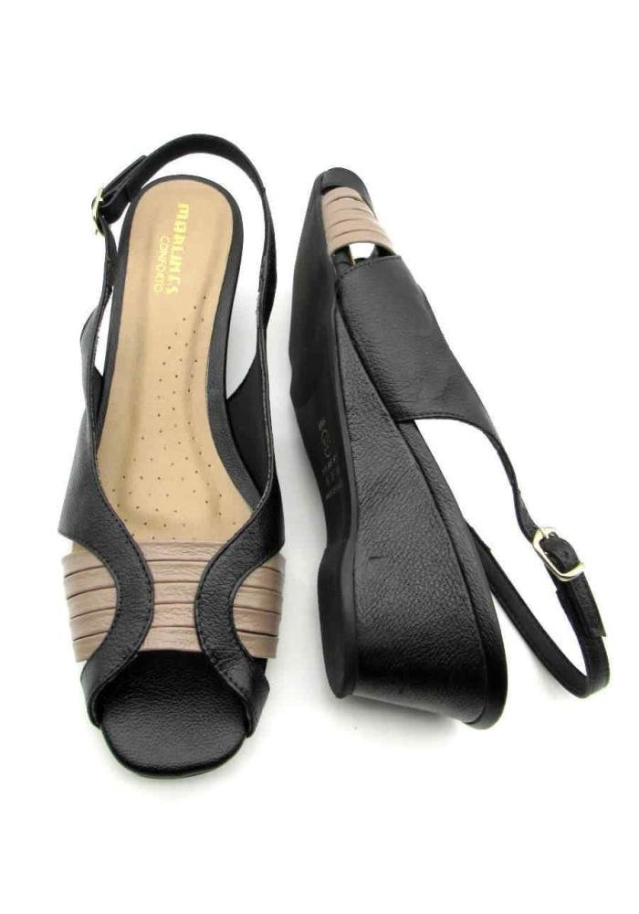 Sandália Feminina Anabela Marlinês 4818 Couro Preto/Bege 4