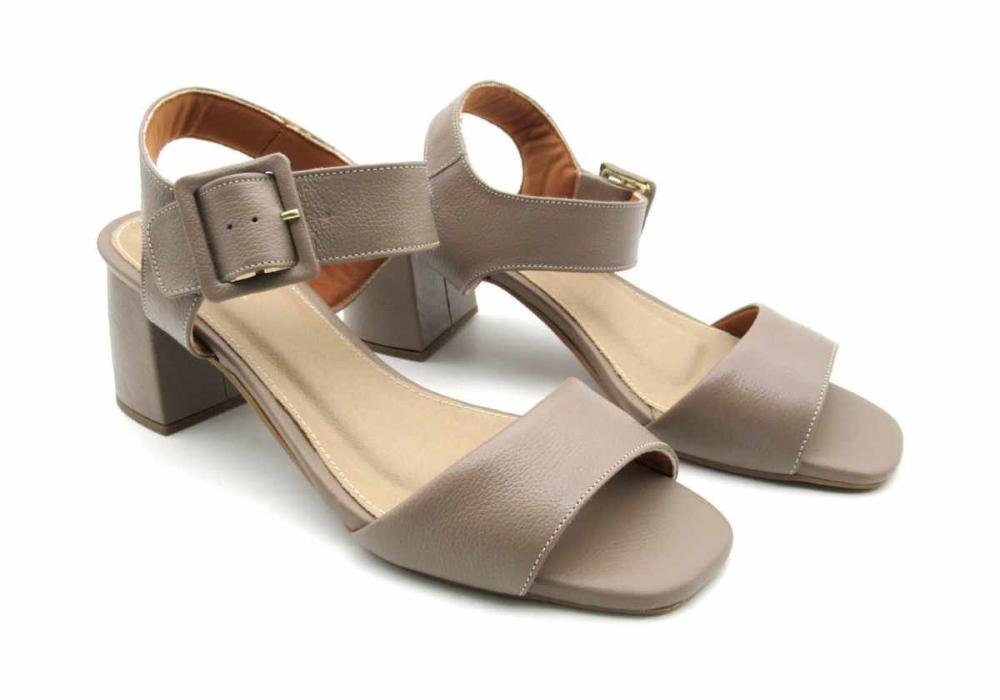 Sandália Feminina de Couro Salto Bloco Médio Marlinês 5847A Bege 2