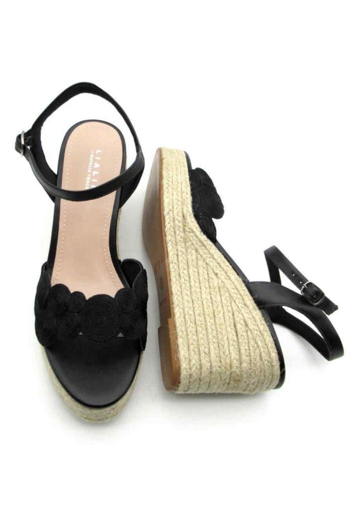Sandália Feminina Lialine Plataforma Anabela 235771887 Bordado Preto 4