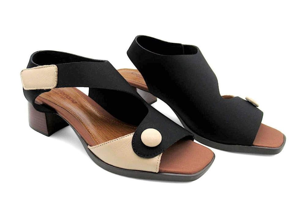 Sandália Feminina Confortaria Neoprene 7701021 Salto Bloco  Preto/Bege 2