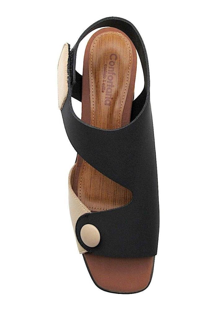 Sandália Feminina Confortaria Neoprene 7701021 Salto Bloco  Preto/Bege 3