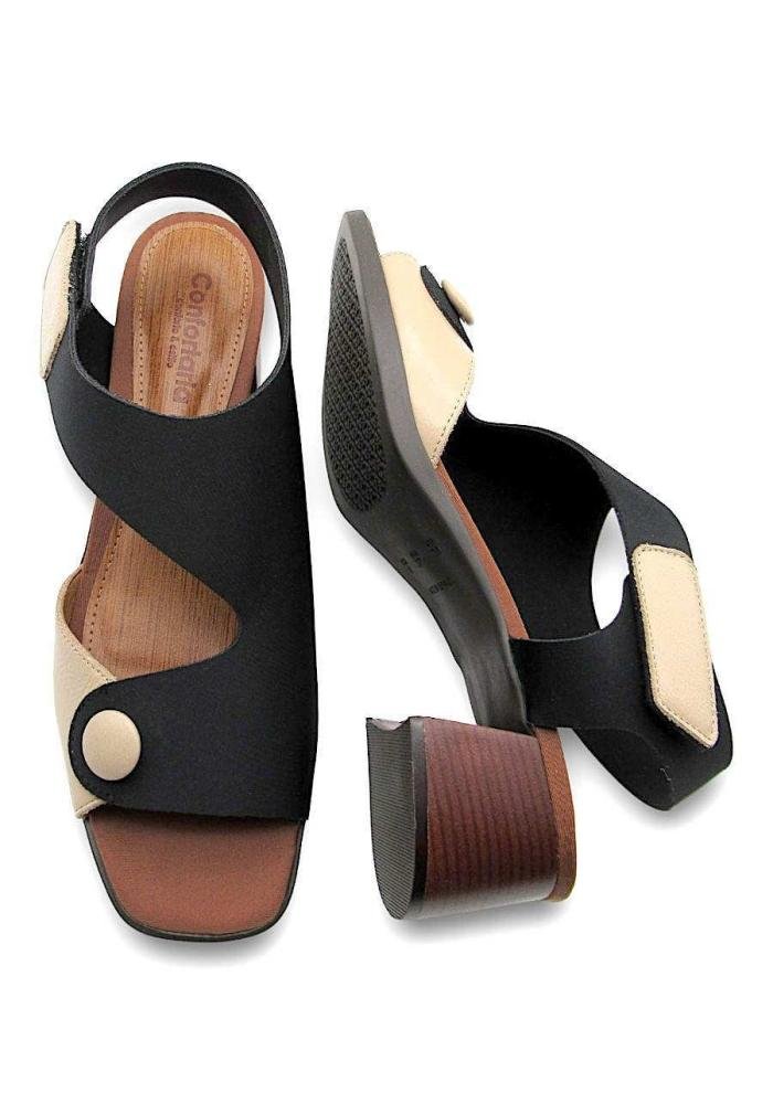 Sandália Feminina Confortaria Neoprene 7701021 Salto Bloco  Preto/Bege 4