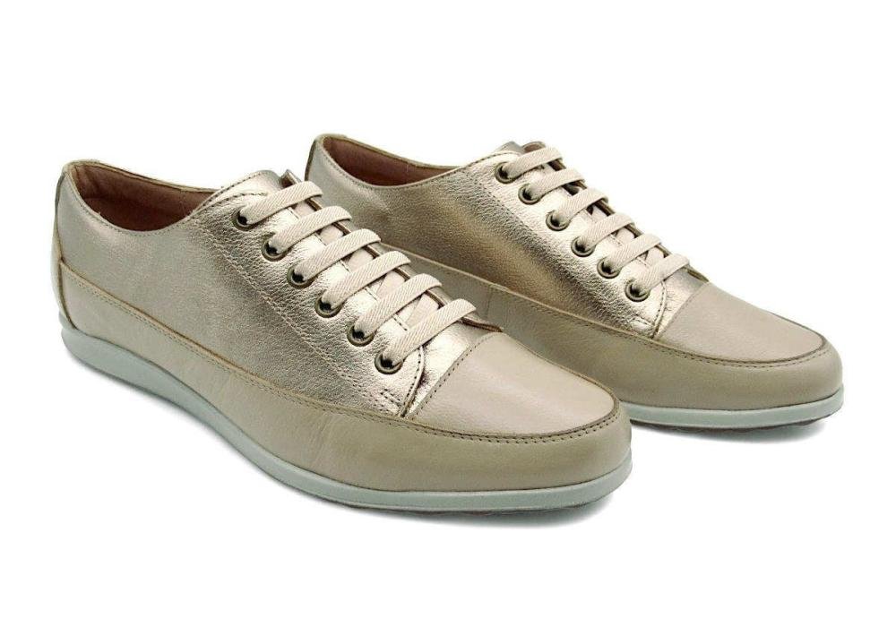 Sapatênis Feminino Couro Alexxa Opananken 30132 Bege/Dourado 2