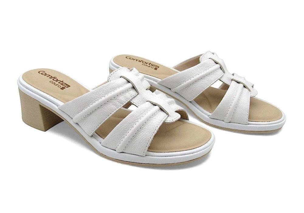Tamanco Comfortflex Feminino Couro Salto Bloco 2567401 Branco 2