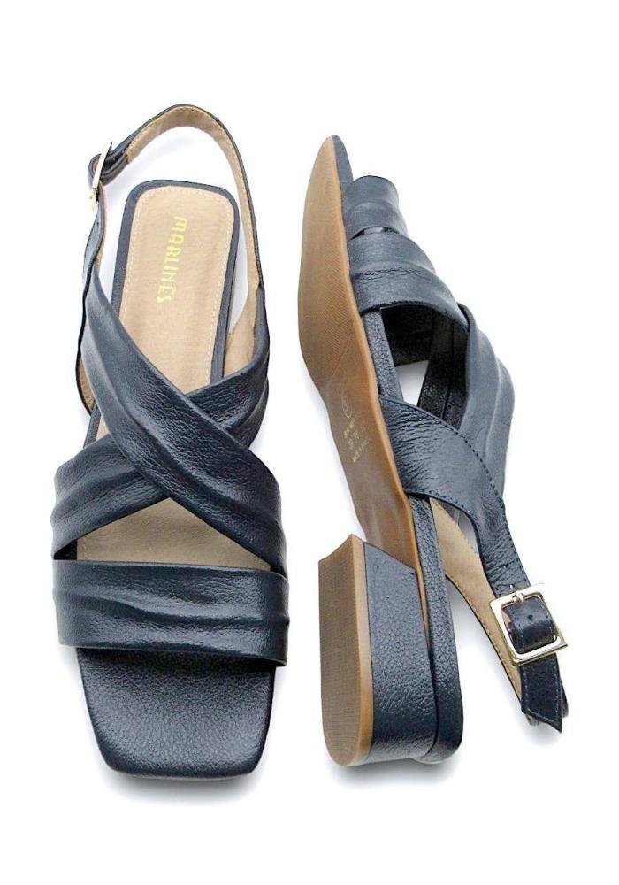 Sandália Feminina Marlinês de Couro Salto Baixo 5809 Marinho Azul Marinho 4