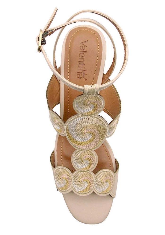 Sandália Feminina Valentina Salto Bloco 457050 Bordada Bege 3