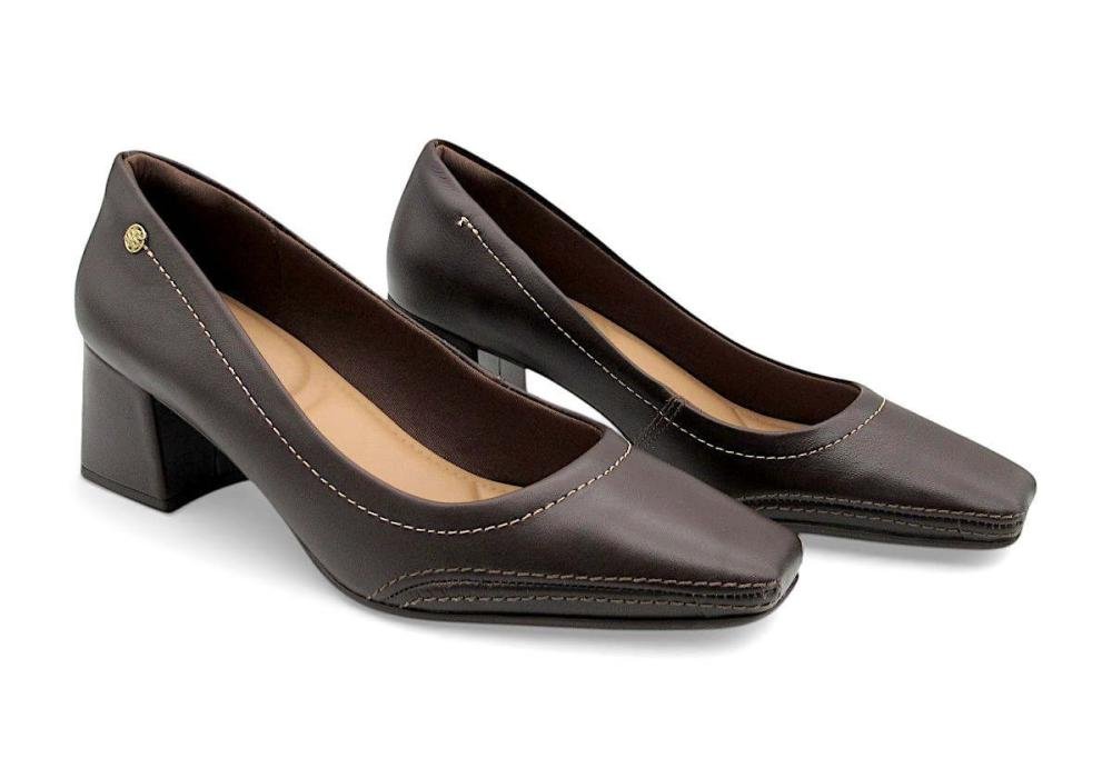 Sapato Scarpin Ramarim Café em Couro Salto Bloco 2668101 Total Comfort Café 2